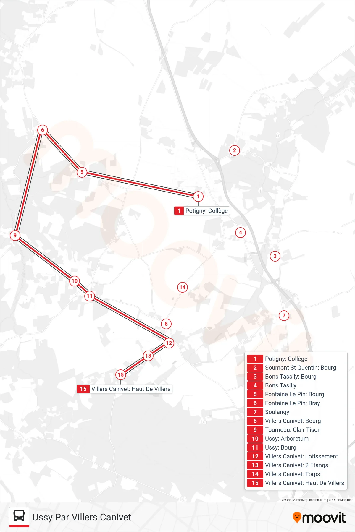 Tracé et arrêts de la ligne LIGNE 163 de bus (Ussy Par Villers Canivet) sur une carte