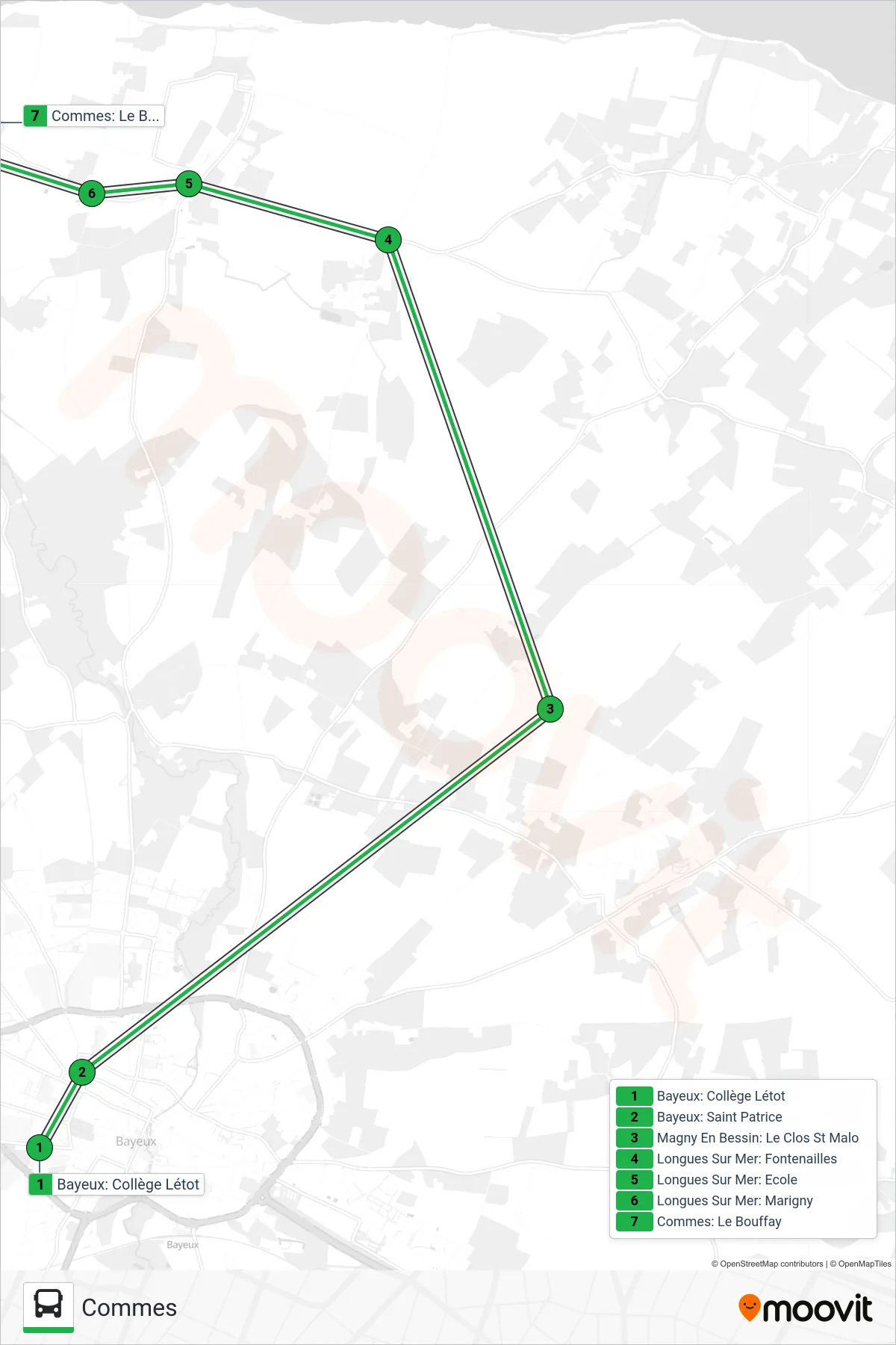 LIGNE 170 bus Line (Commes) route and stops on a map