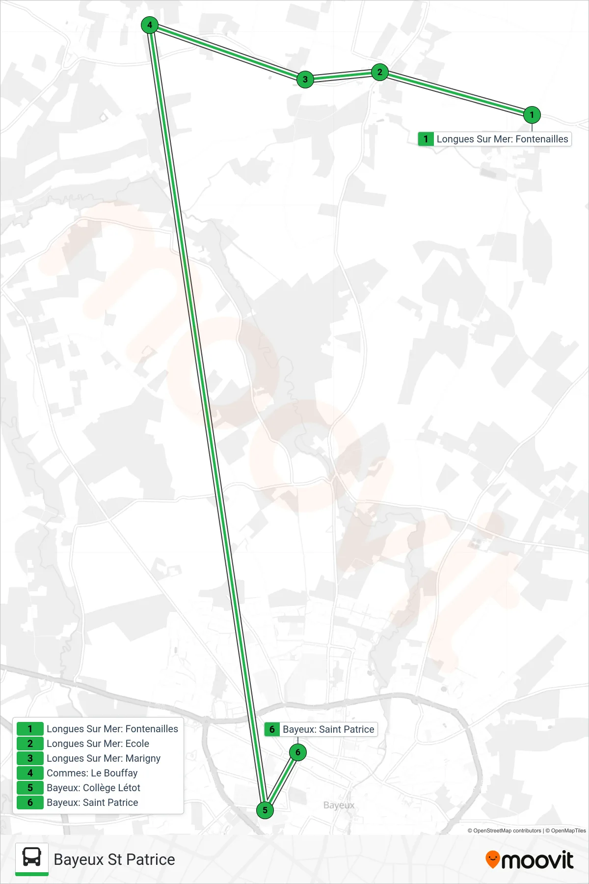 Tracé et arrêts de la ligne LIGNE 170 de bus (Bayeux St Patrice) sur une carte