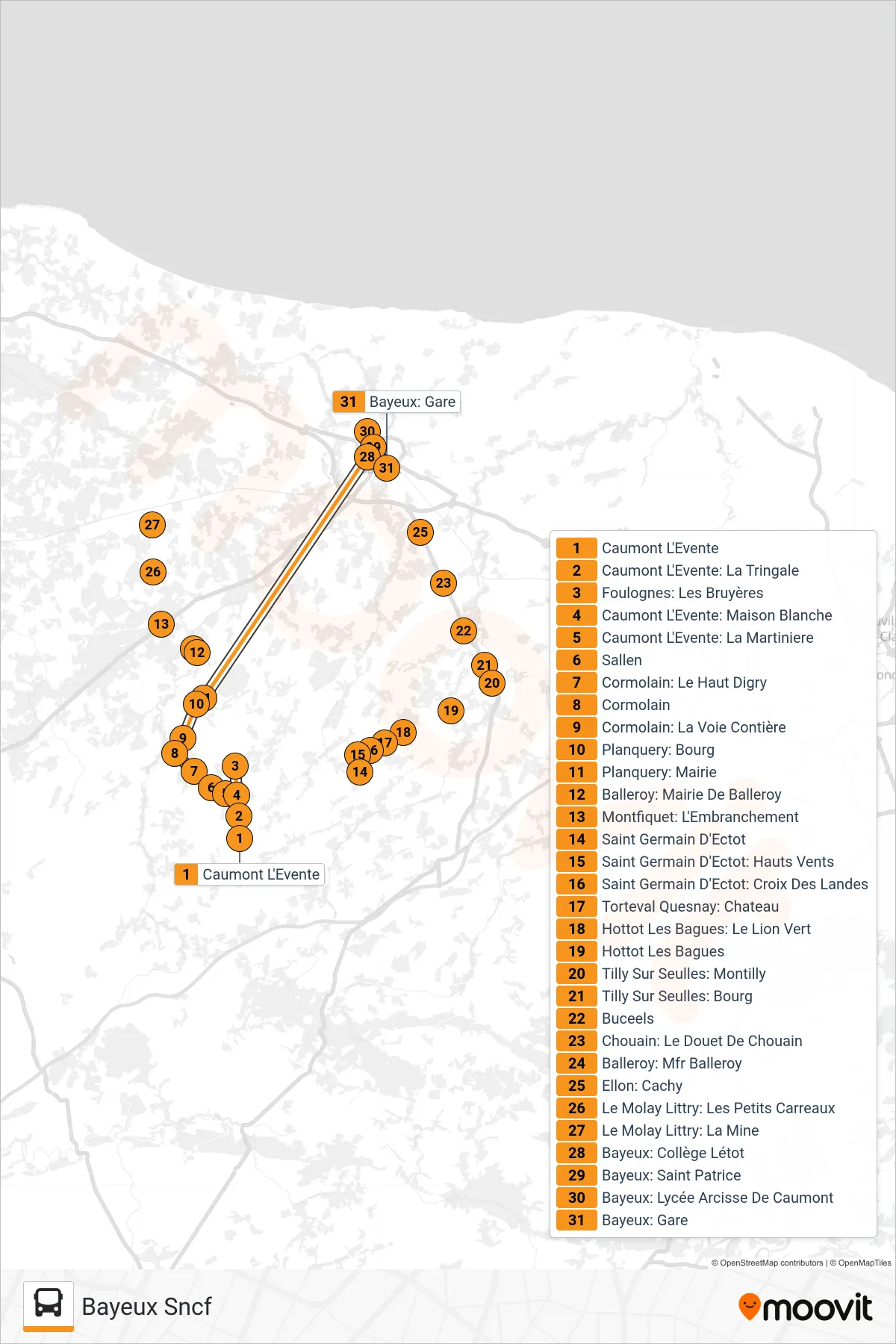 LIGNE 171 bus Line (Bayeux Sncf) route and stops on a map