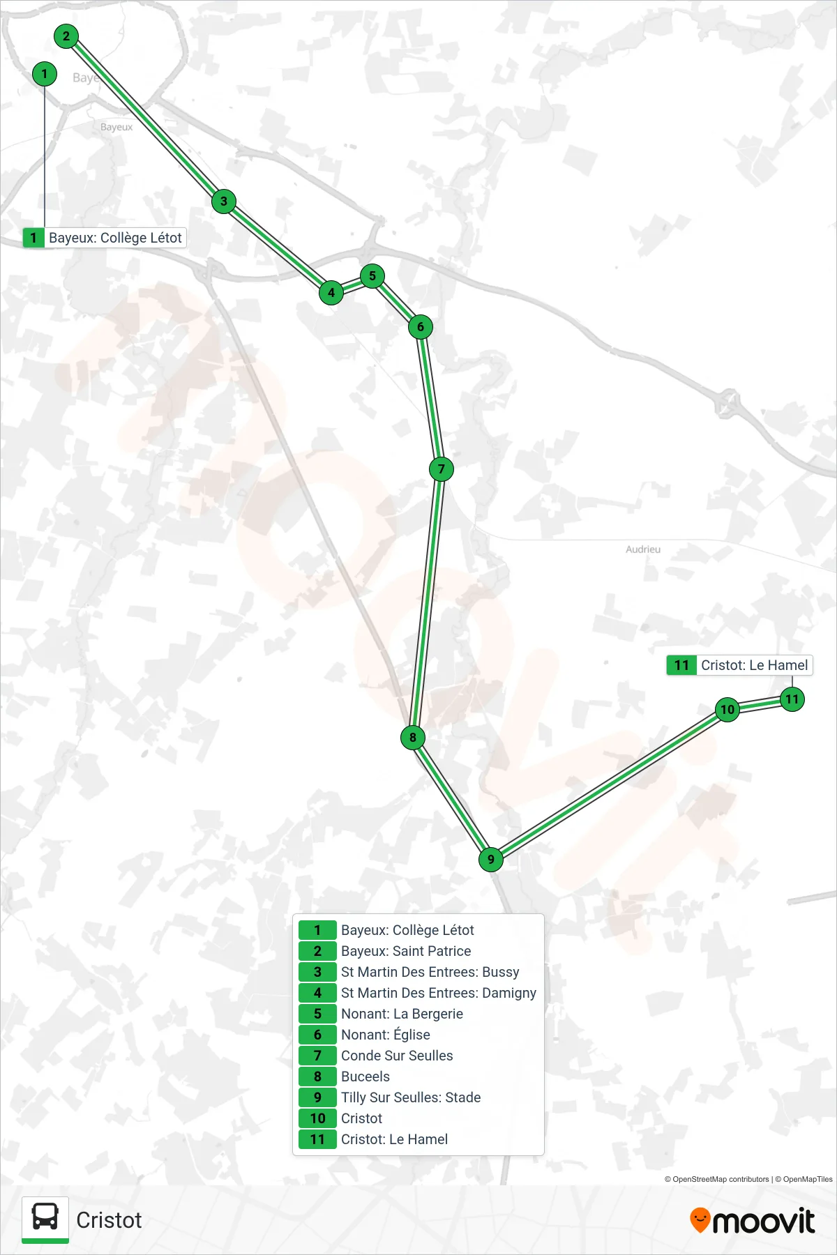 Tracé et arrêts de la ligne LIGNE 172 de bus (Cristot) sur une carte