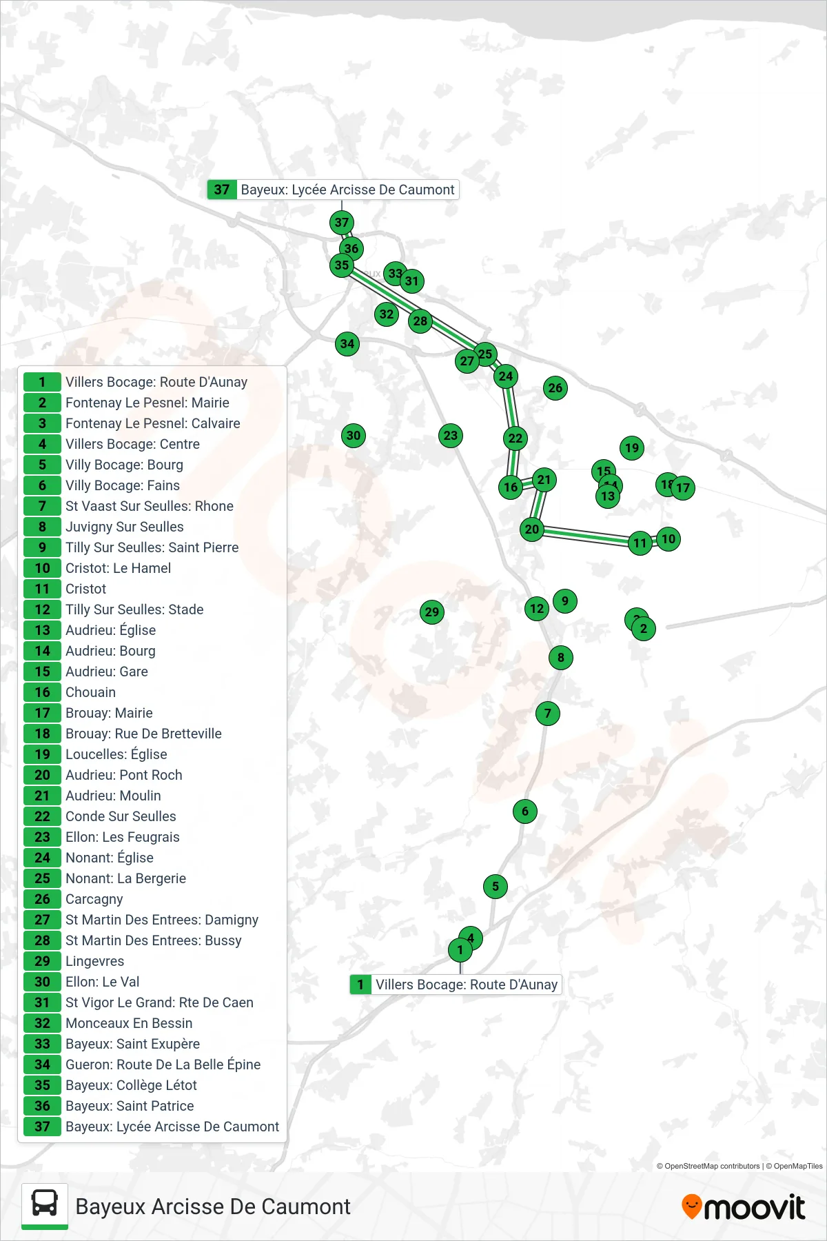 LIGNE 172 bus Line (Bayeux Arcisse De Caumont) route and stops on a map