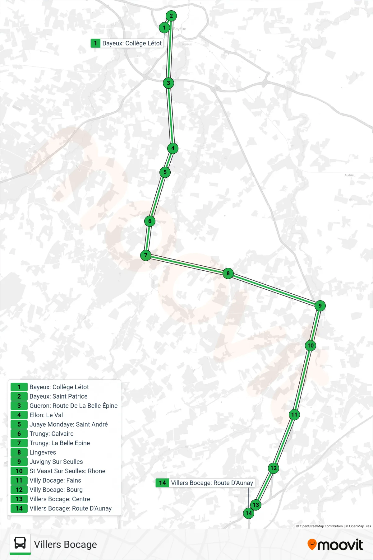 LIGNE 172 bus Line (Villers Bocage) route and stops on a map