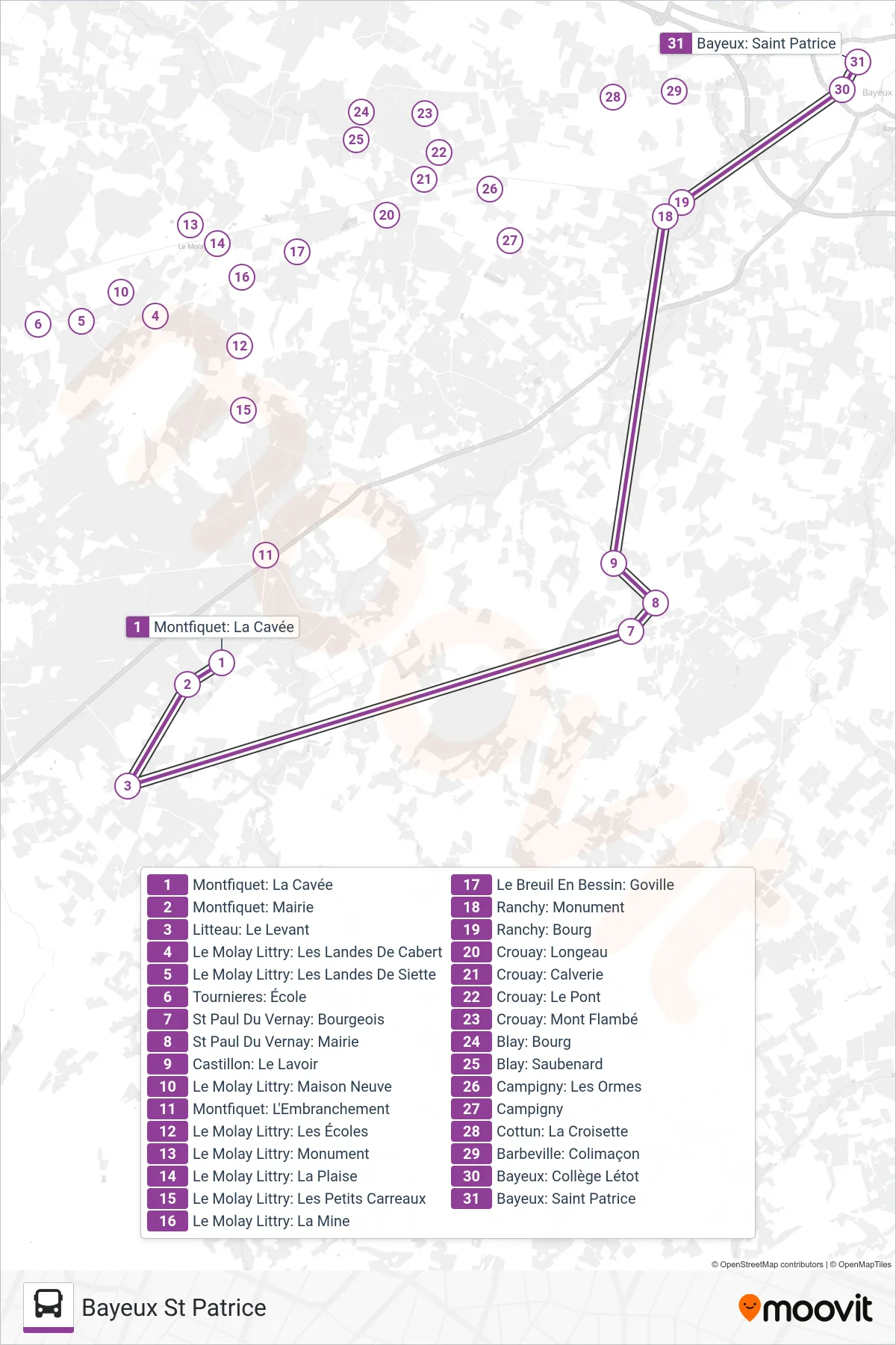 LIGNE 173 bus Line (Bayeux St Patrice) route and stops on a map