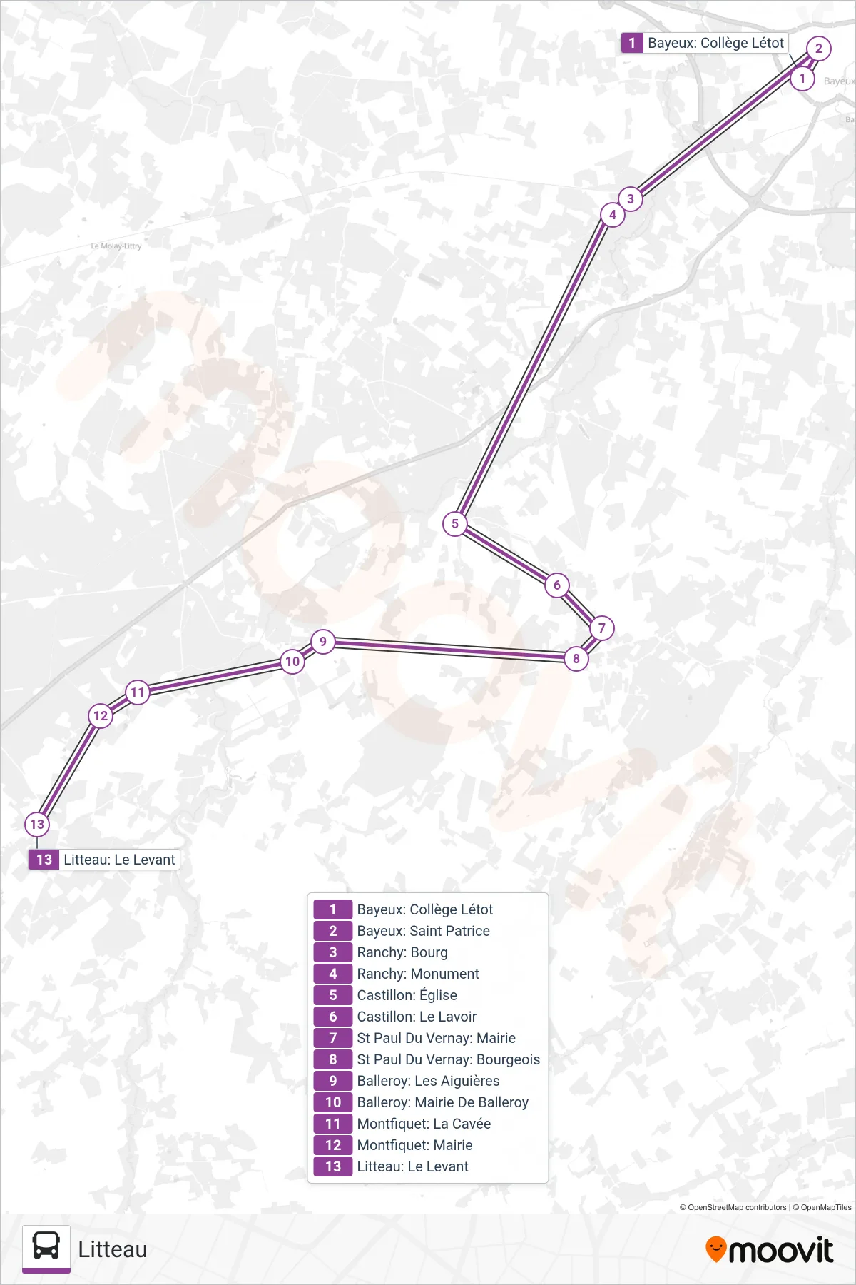 Tracé et arrêts de la ligne LIGNE 173 de bus (Litteau) sur une carte