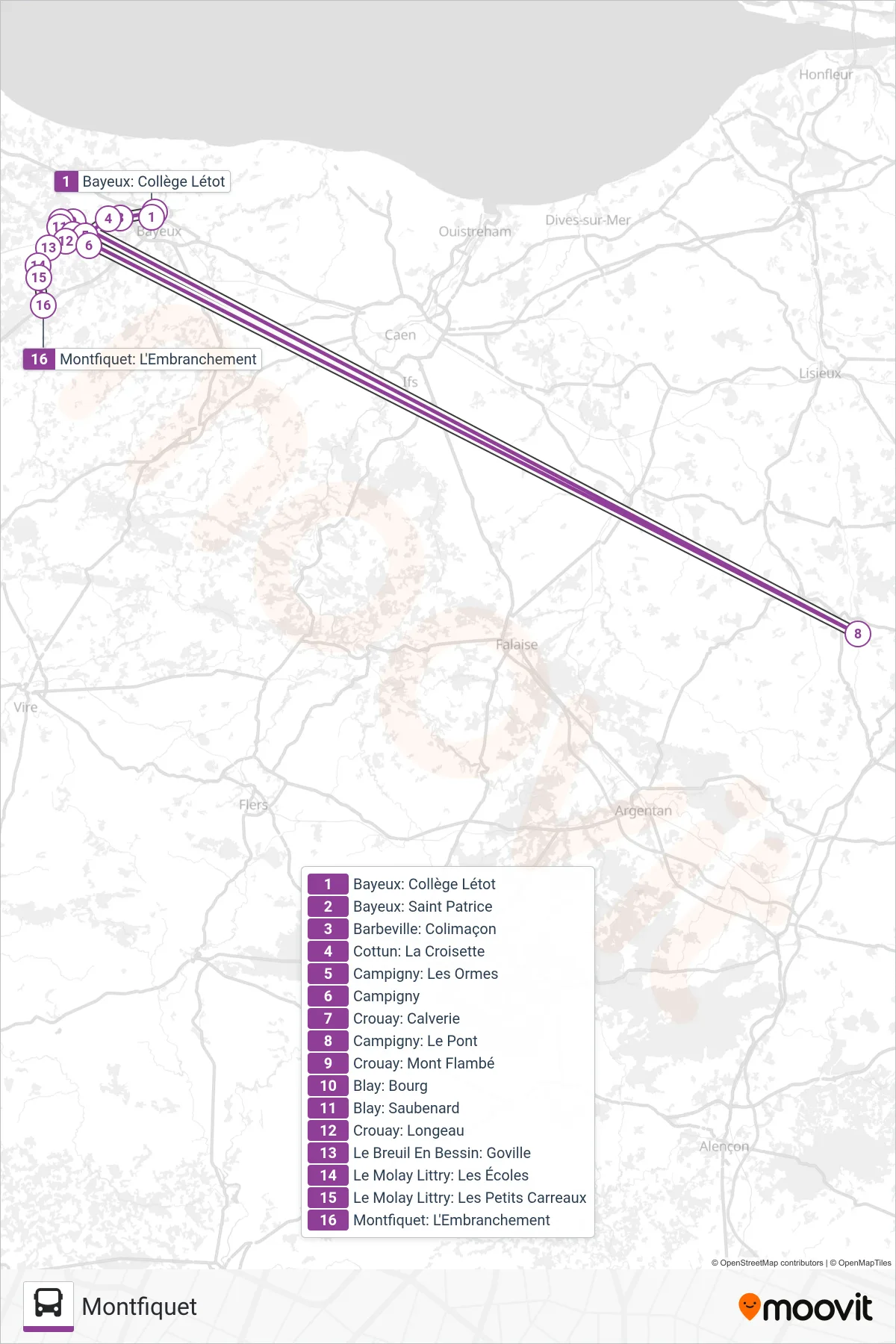 LIGNE 173 bus Line (Montfiquet) route and stops on a map