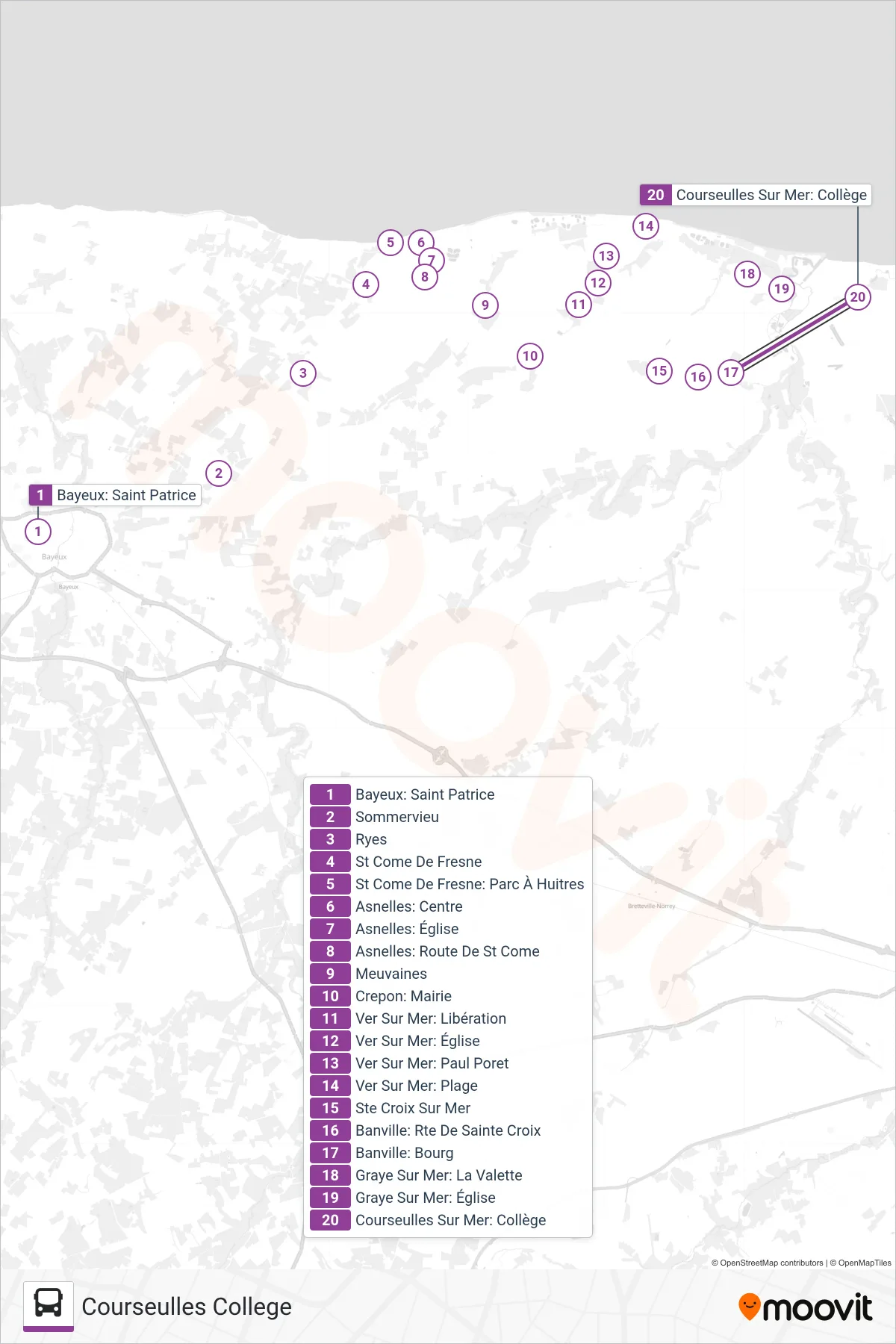 Tracé et arrêts de la ligne LIGNE 174 de bus (Courseulles College) sur une carte