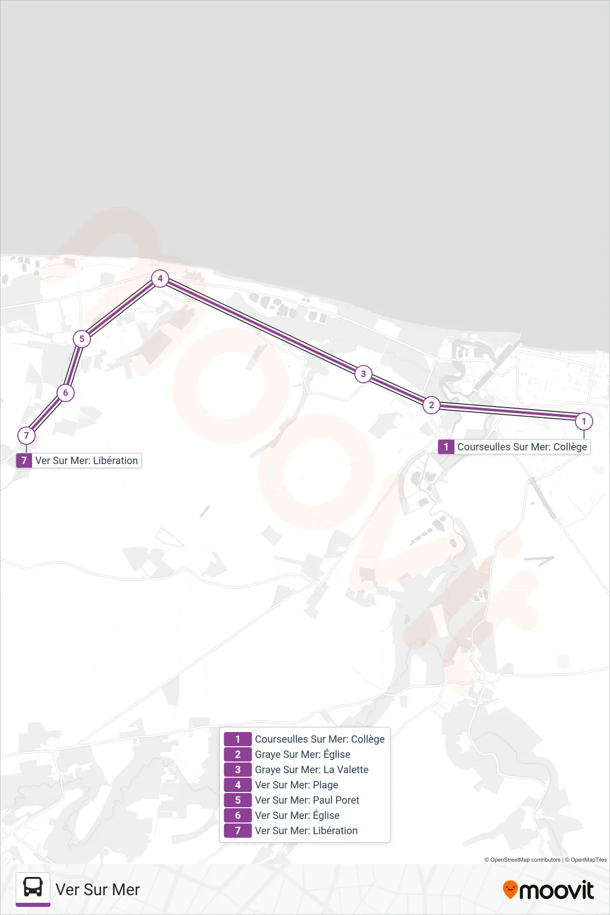 Tracé et arrêts de la ligne LIGNE 174 de bus (Ver Sur Mer) sur une carte