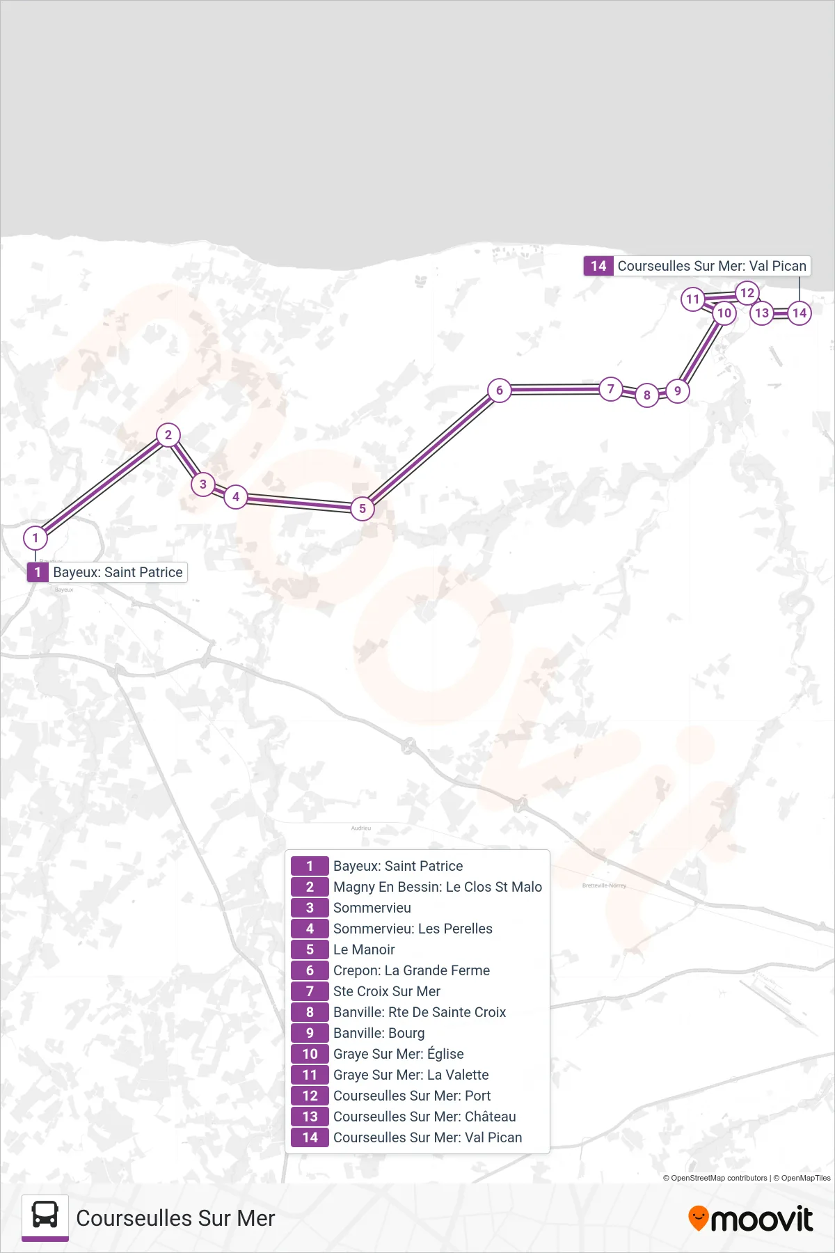 Tracé et arrêts de la ligne LIGNE 175 de bus (Courseulles Sur Mer) sur une carte