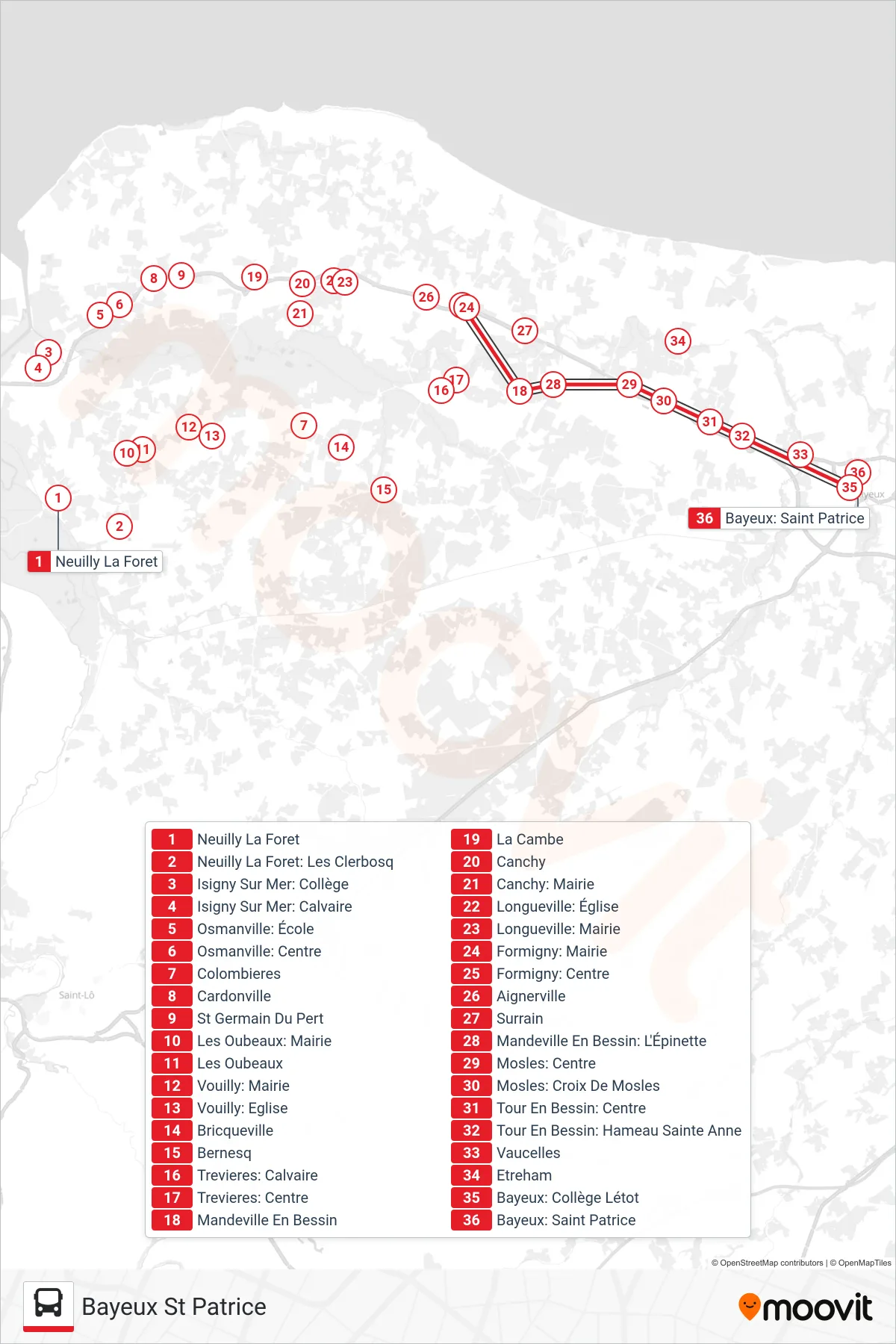LIGNE 176 bus Line (Bayeux St Patrice) route and stops on a map