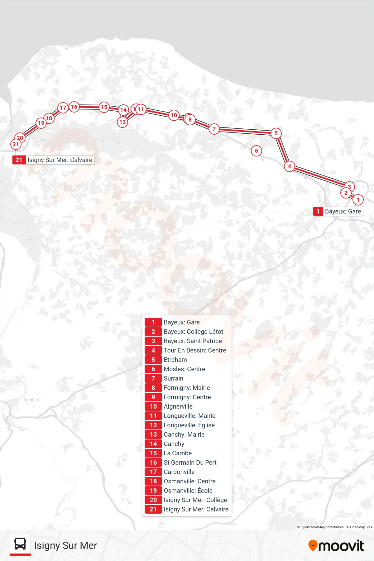 LIGNE 176 bus Line (Isigny Sur Mer) route and stops on a map