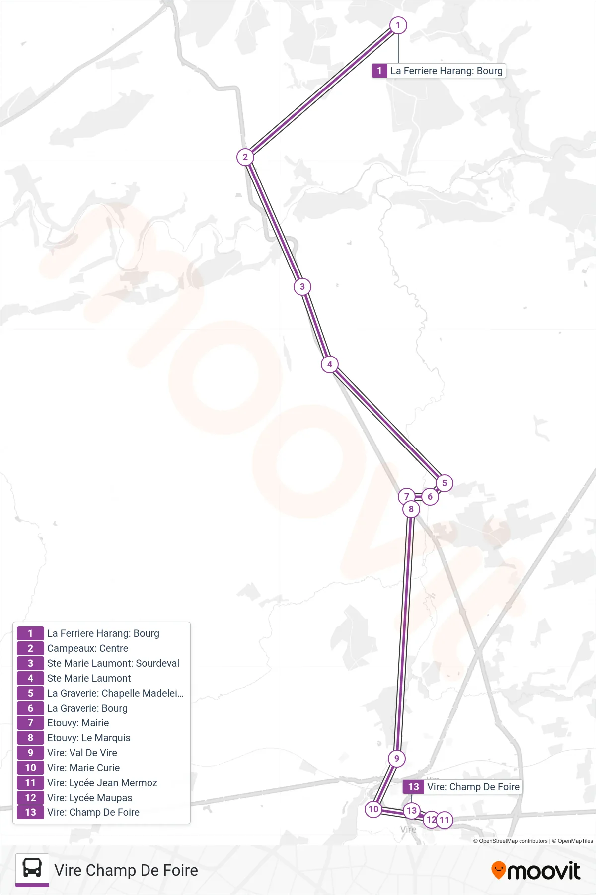 Tracé et arrêts de la ligne LIGNE 180 de bus (Vire Champ De Foire) sur une carte