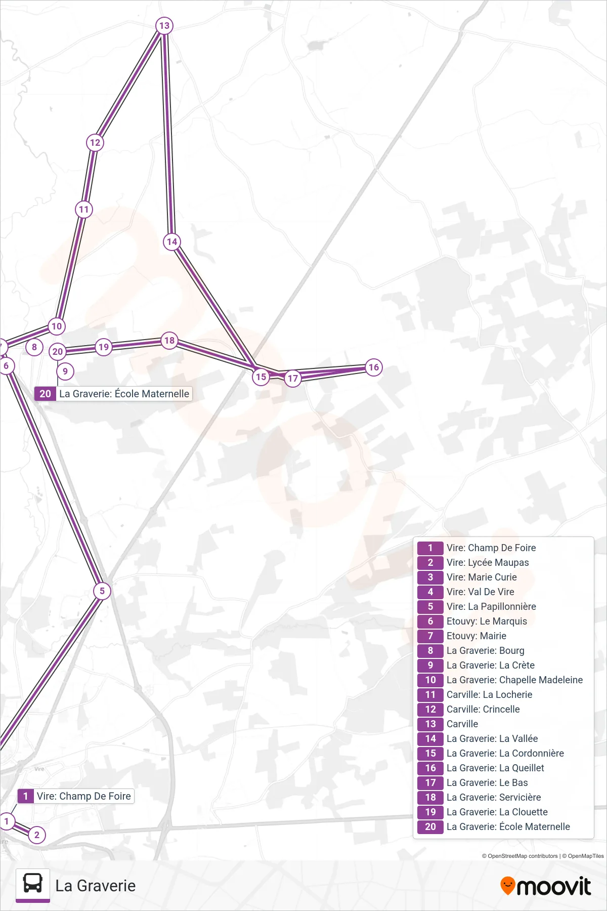 LIGNE 180 bus Line (La Graverie) route and stops on a map