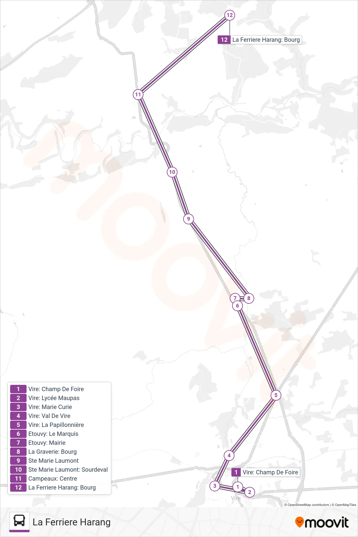 LIGNE 180 bus Line (La Ferriere Harang) route and stops on a map