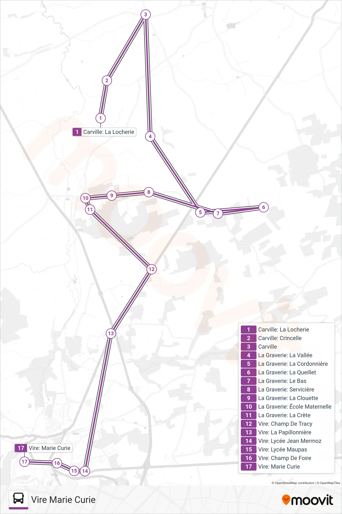 LIGNE 180 bus Line (Vire Marie Curie) route and stops on a map