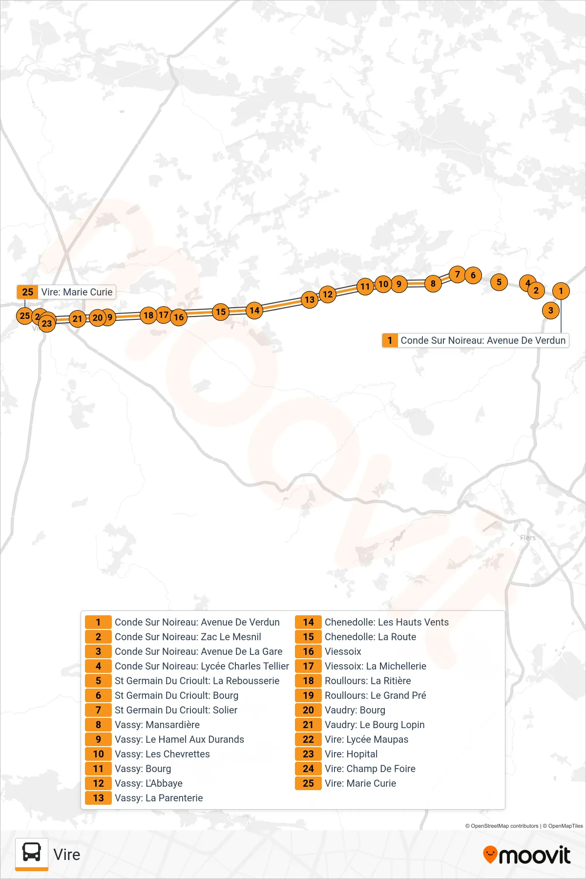 Tracé et arrêts de la ligne LIGNE 181 de bus (Vire) sur une carte