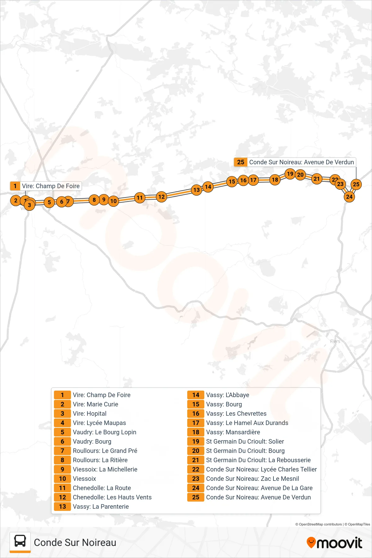 LIGNE 181 bus Line (Conde Sur Noireau) route and stops on a map