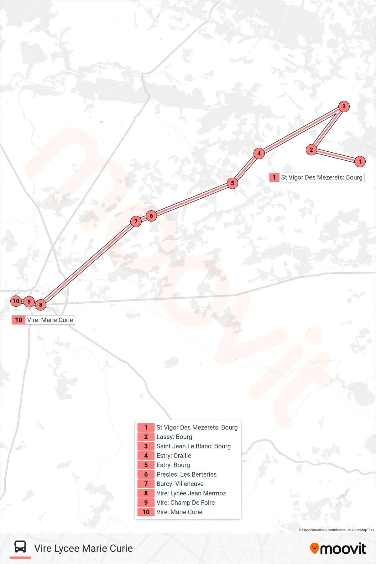LIGNE 182 bus Line (Vire Lycee Marie Curie) route and stops on a map