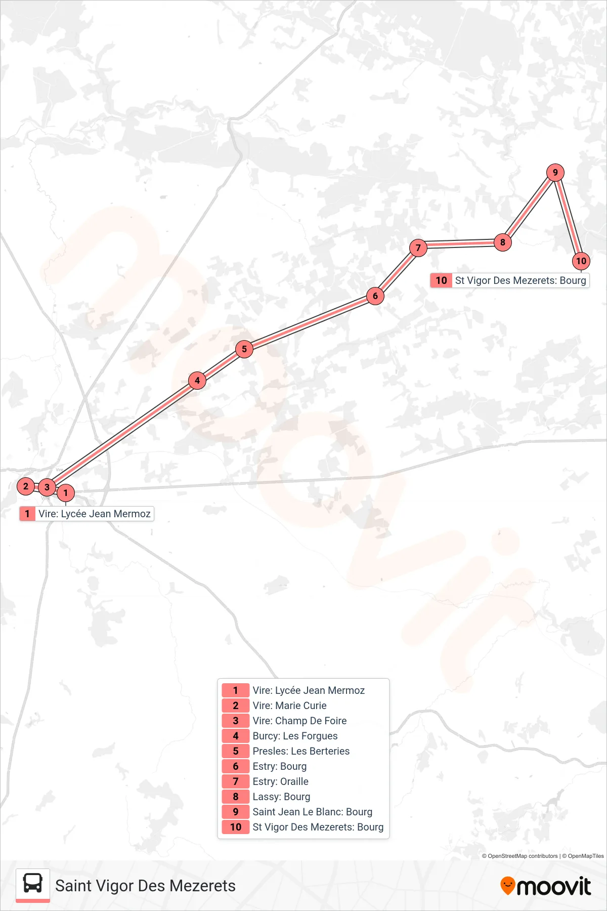 Tracé et arrêts de la ligne LIGNE 182 de bus (Saint Vigor Des Mezerets) sur une carte