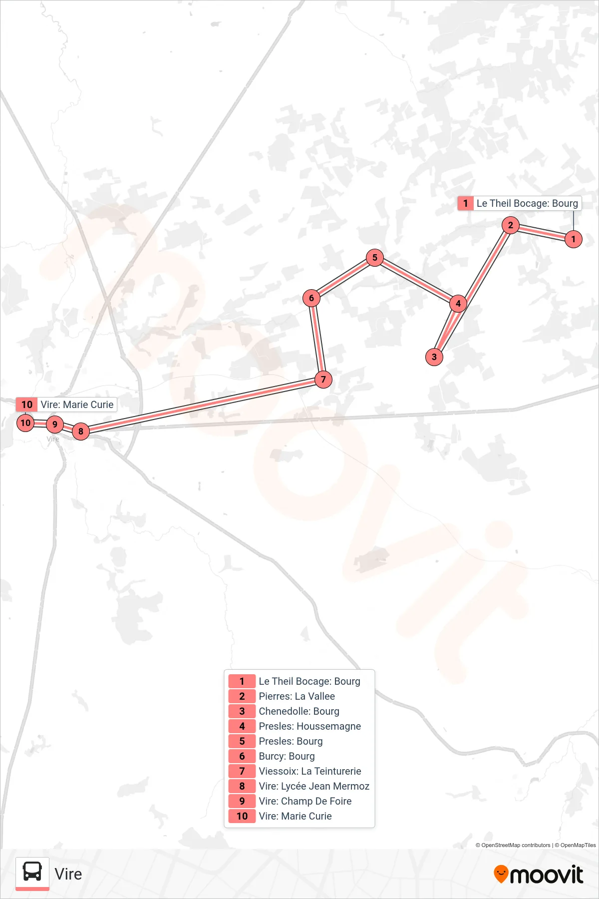 LIGNE 183 bus Line (Vire) route and stops on a map