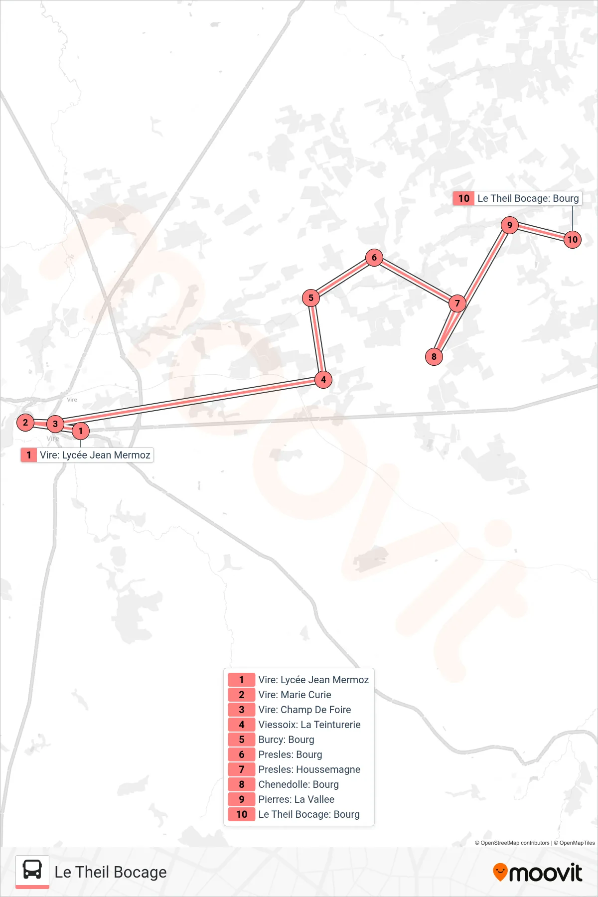 Tracé et arrêts de la ligne LIGNE 183 de bus (Le Theil Bocage) sur une carte