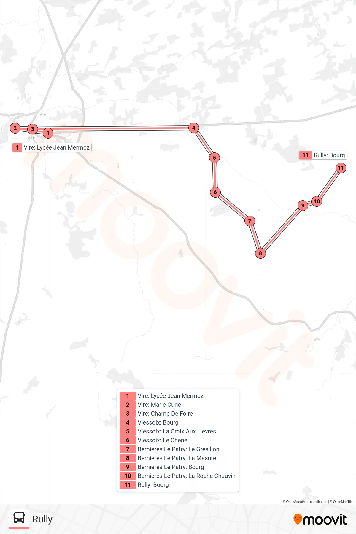 Tracé et arrêts de la ligne LIGNE 184 de bus (Rully) sur une carte