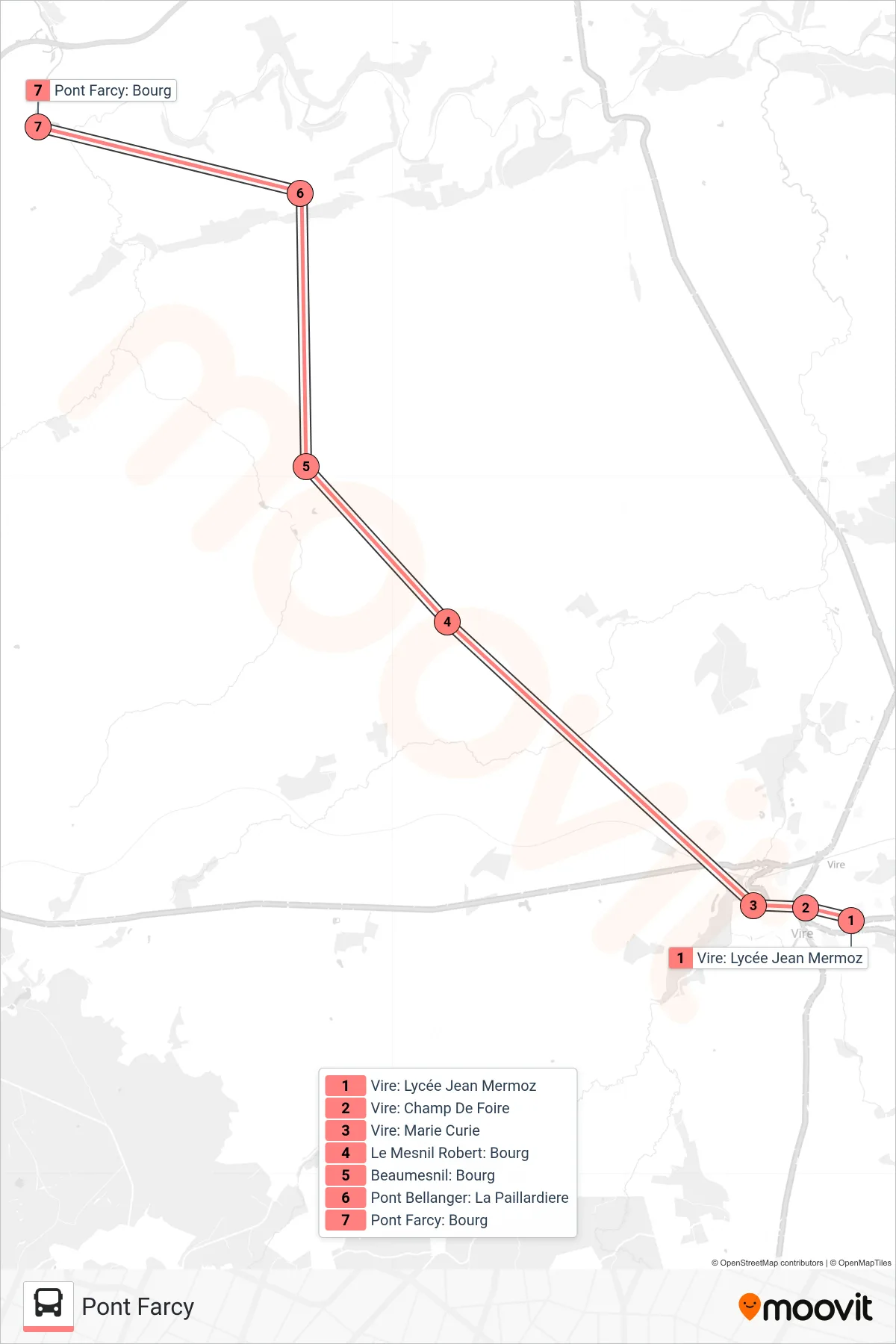 Tracé et arrêts de la ligne LIGNE 188 de bus (Pont Farcy) sur une carte