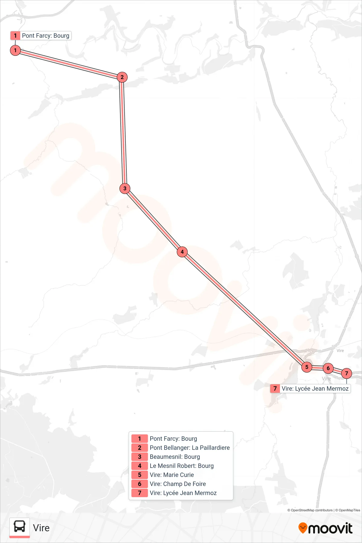 LIGNE 188 bus Line (Vire) route and stops on a map