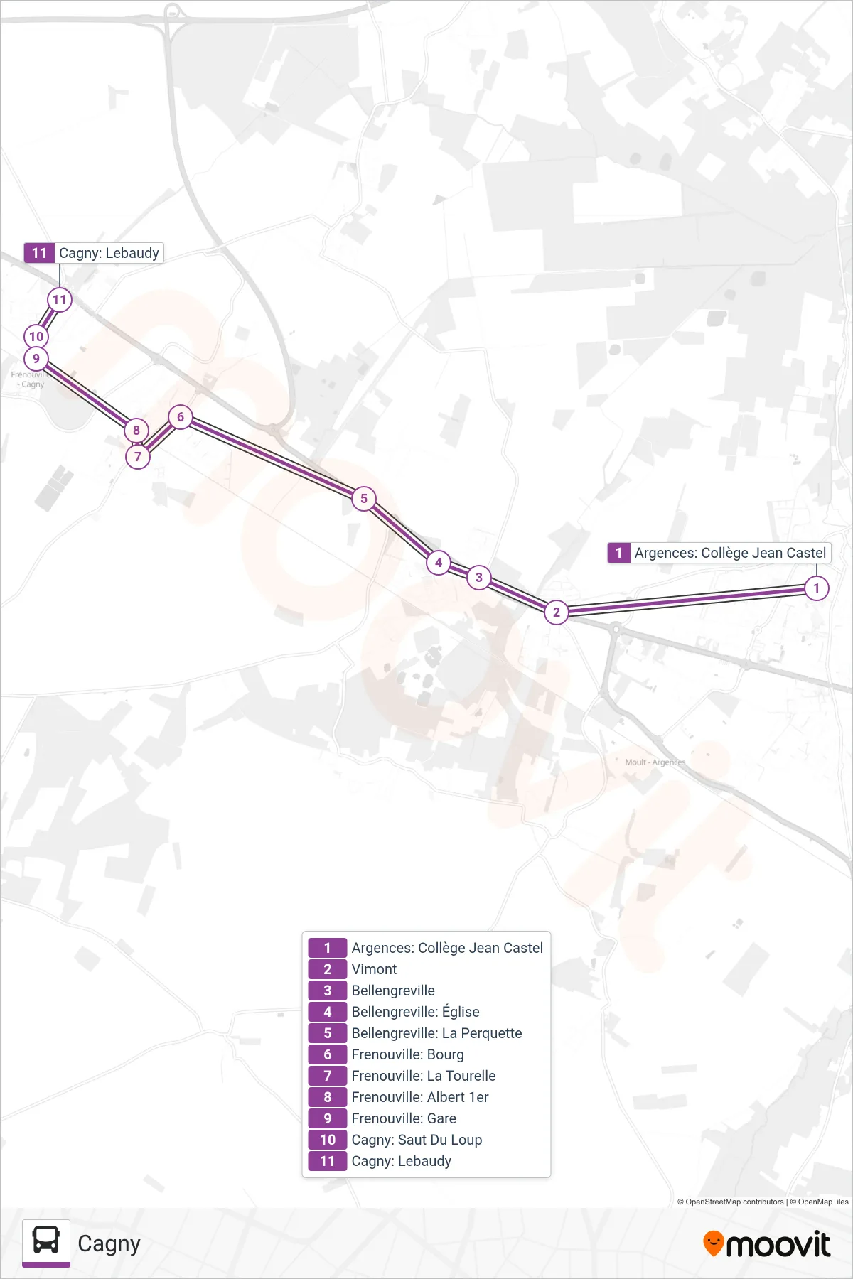 Tracé et arrêts de la ligne LIGNE 216 de bus (Cagny) sur une carte