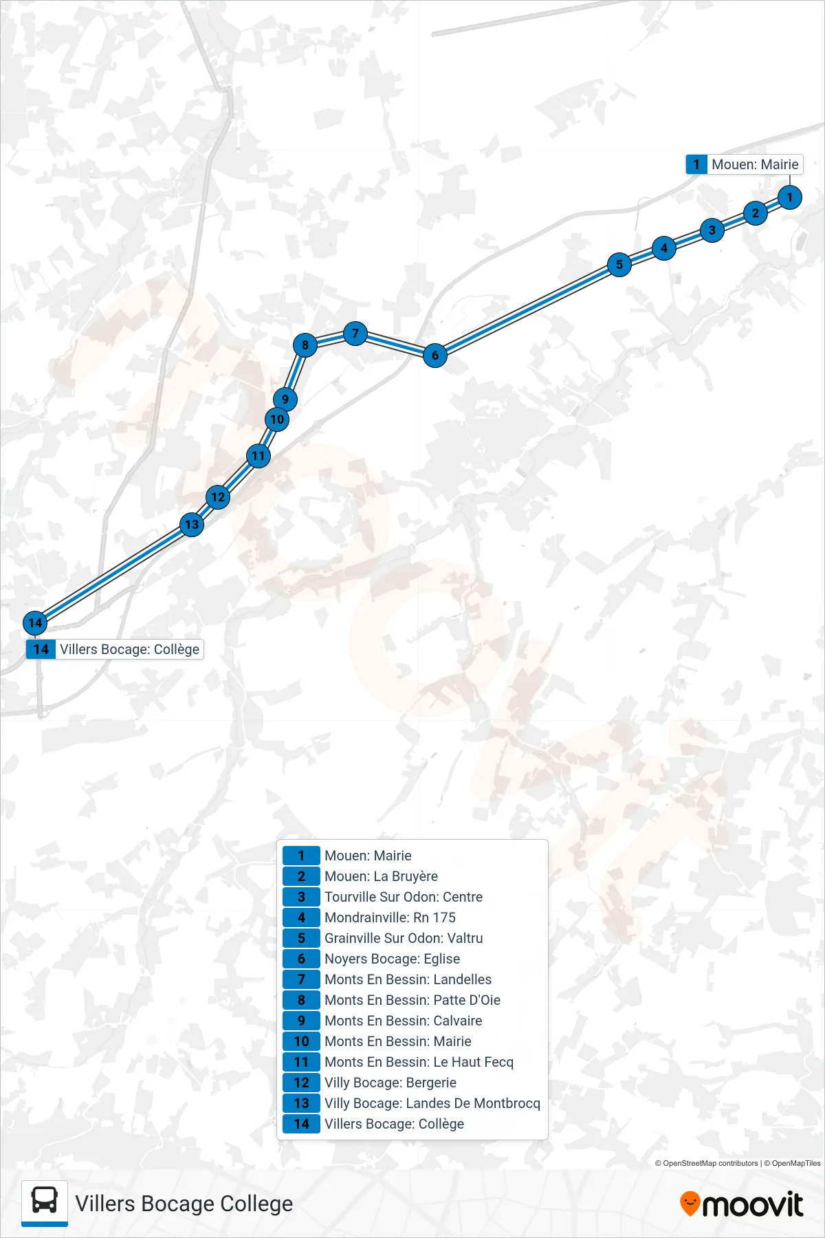 Tracé et arrêts de la ligne LIGNE 232 de bus (Villers Bocage College) sur une carte