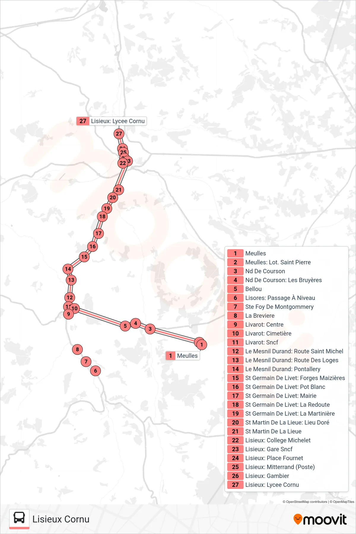LIGNE 253 bus Line (Lisieux Cornu) route and stops on a map