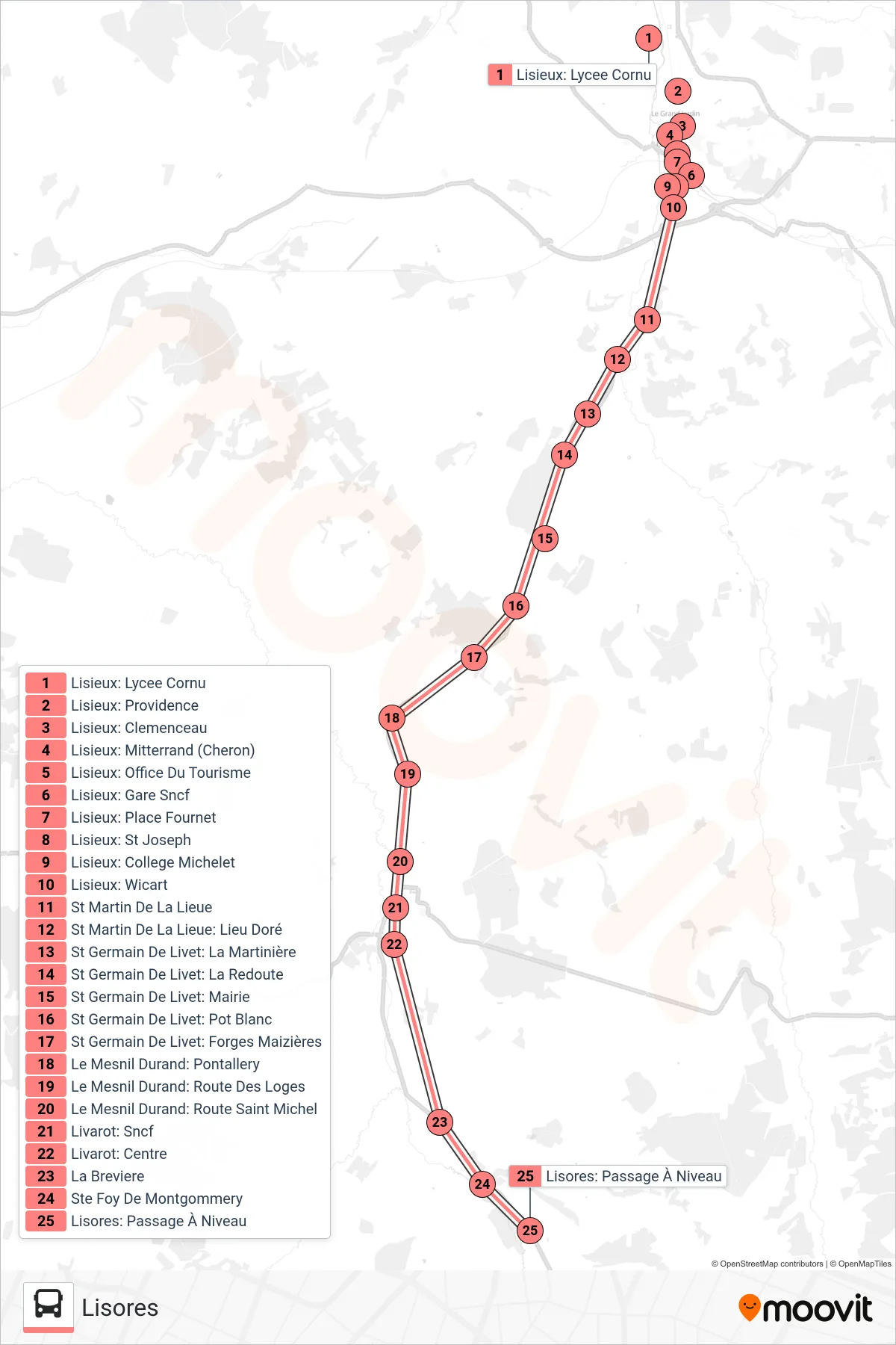 LIGNE 253 bus Line (Lisores) route and stops on a map