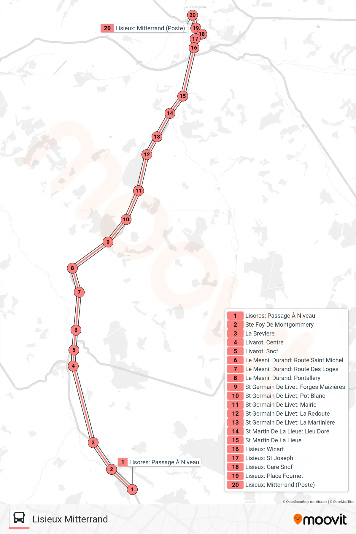 Tracé et arrêts de la ligne LIGNE 253 de bus (Lisieux Mitterrand) sur une carte