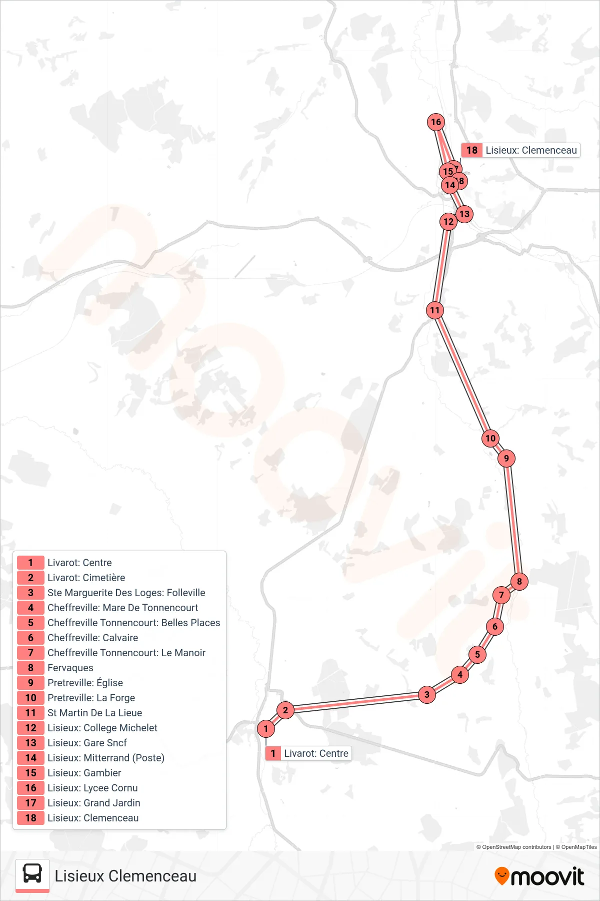 LIGNE 253 bus Line (Lisieux Clemenceau) route and stops on a map
