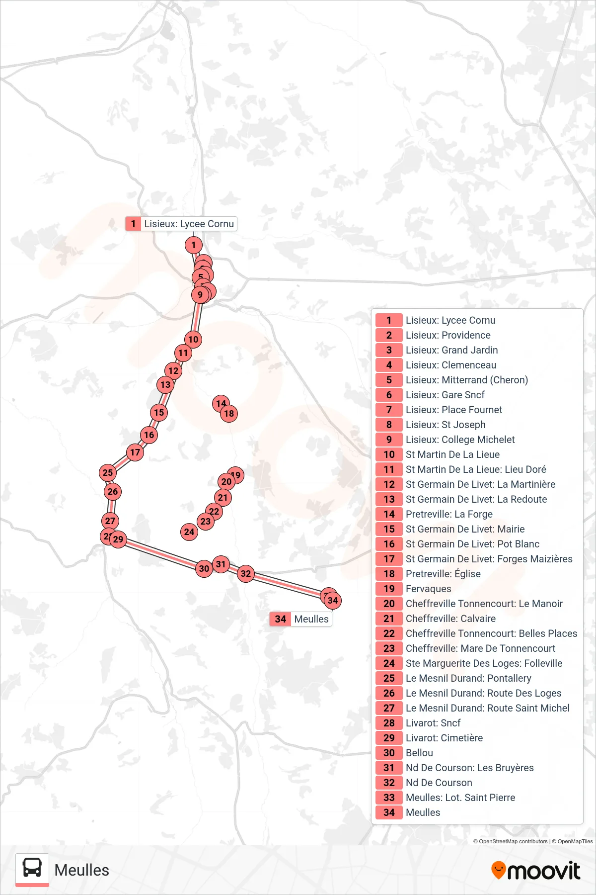 LIGNE 253 bus Line (Meulles) route and stops on a map