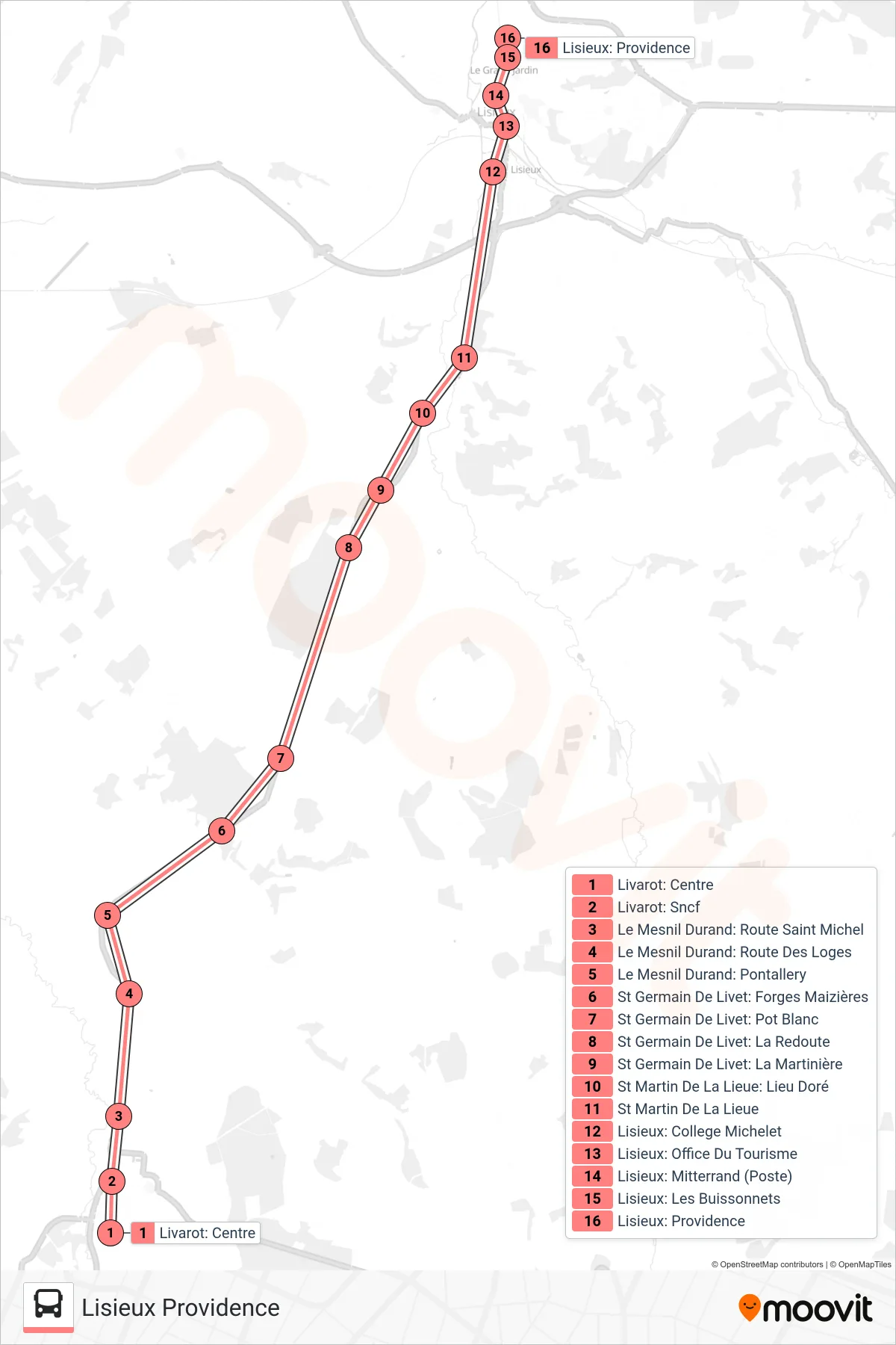 LIGNE 253 bus Line (Lisieux Providence) route and stops on a map