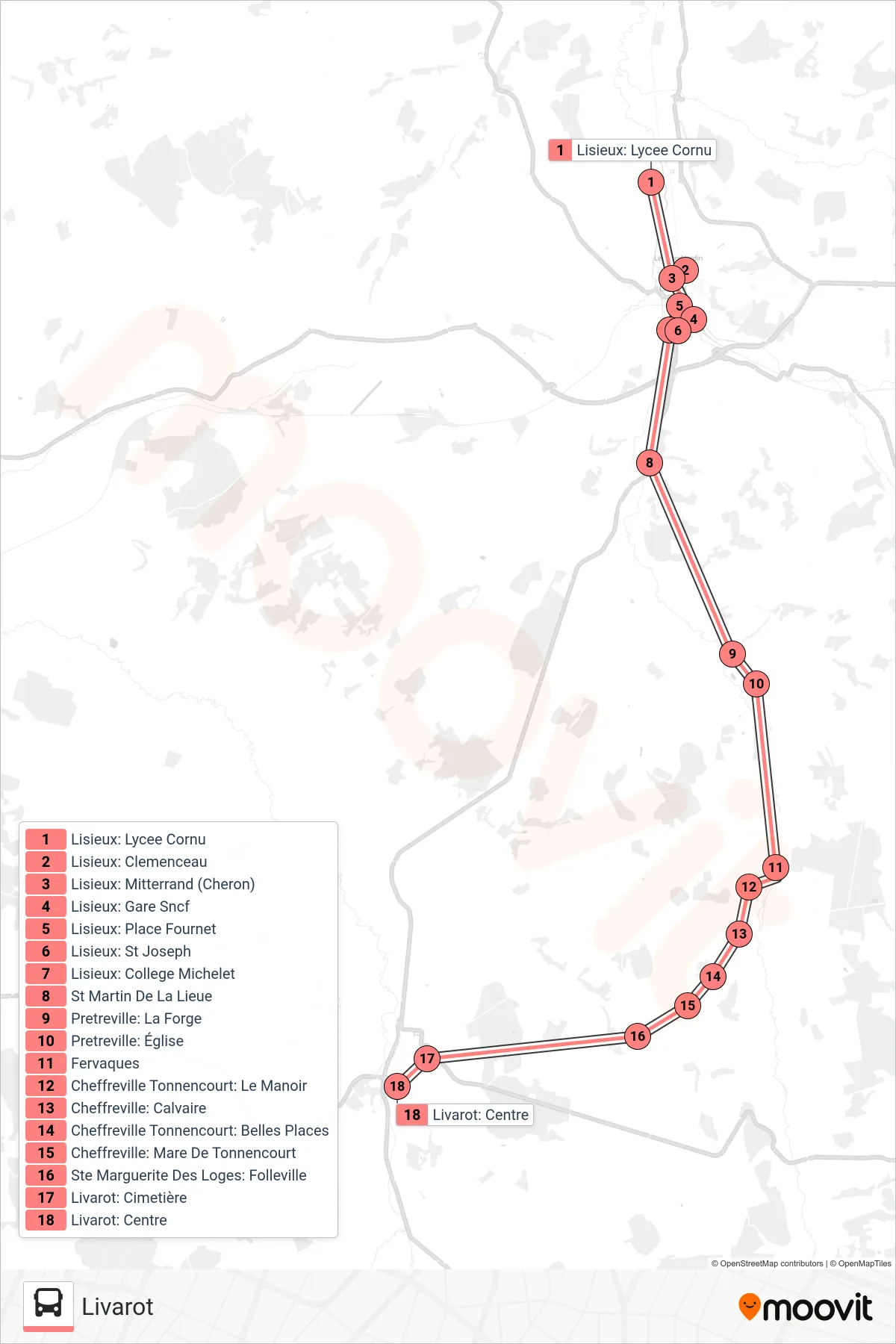 LIGNE 253 bus Line (Livarot) route and stops on a map
