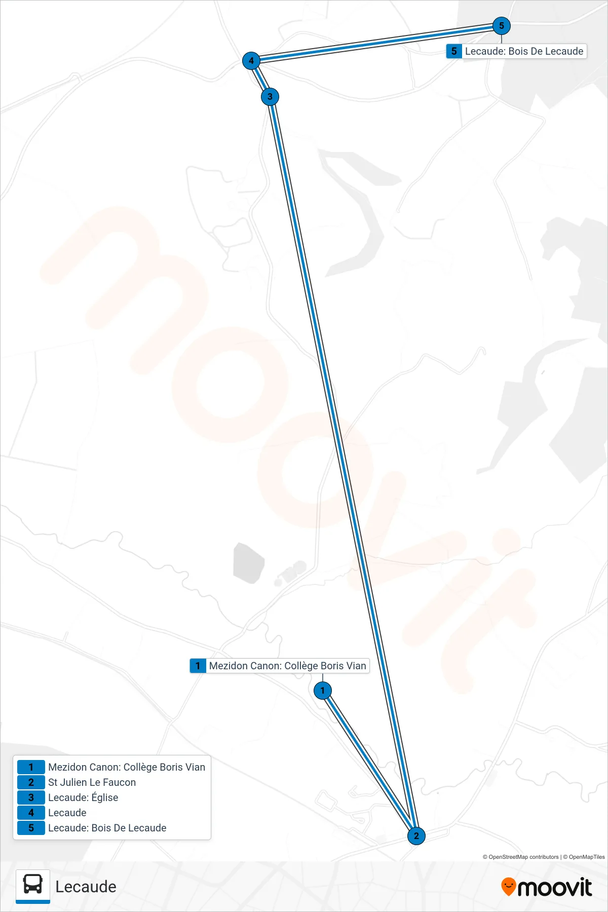 Tracé et arrêts de la ligne LIGNE 255 de bus (Lecaude) sur une carte