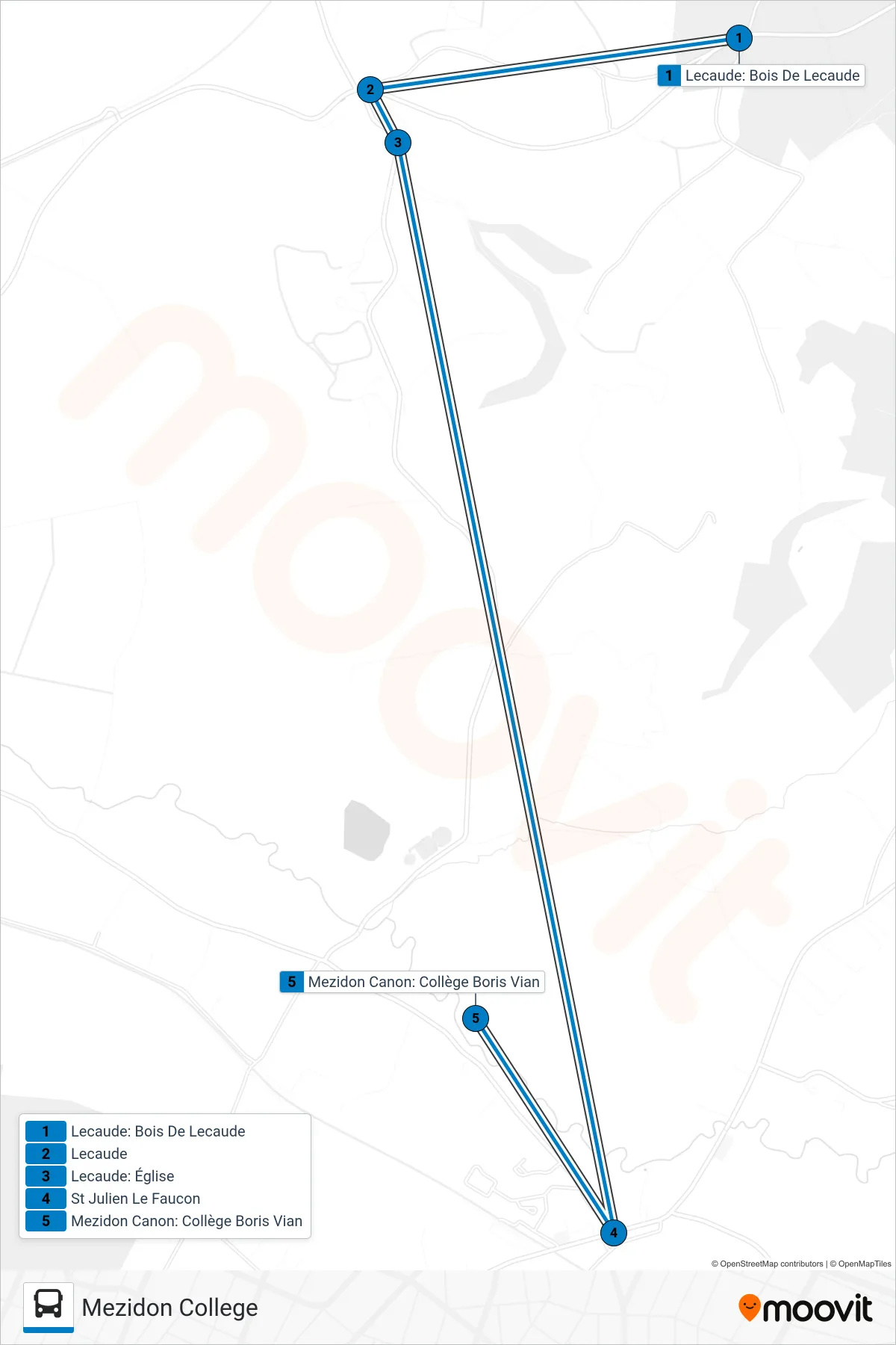 Tracé et arrêts de la ligne LIGNE 255 de bus (Mezidon College) sur une carte