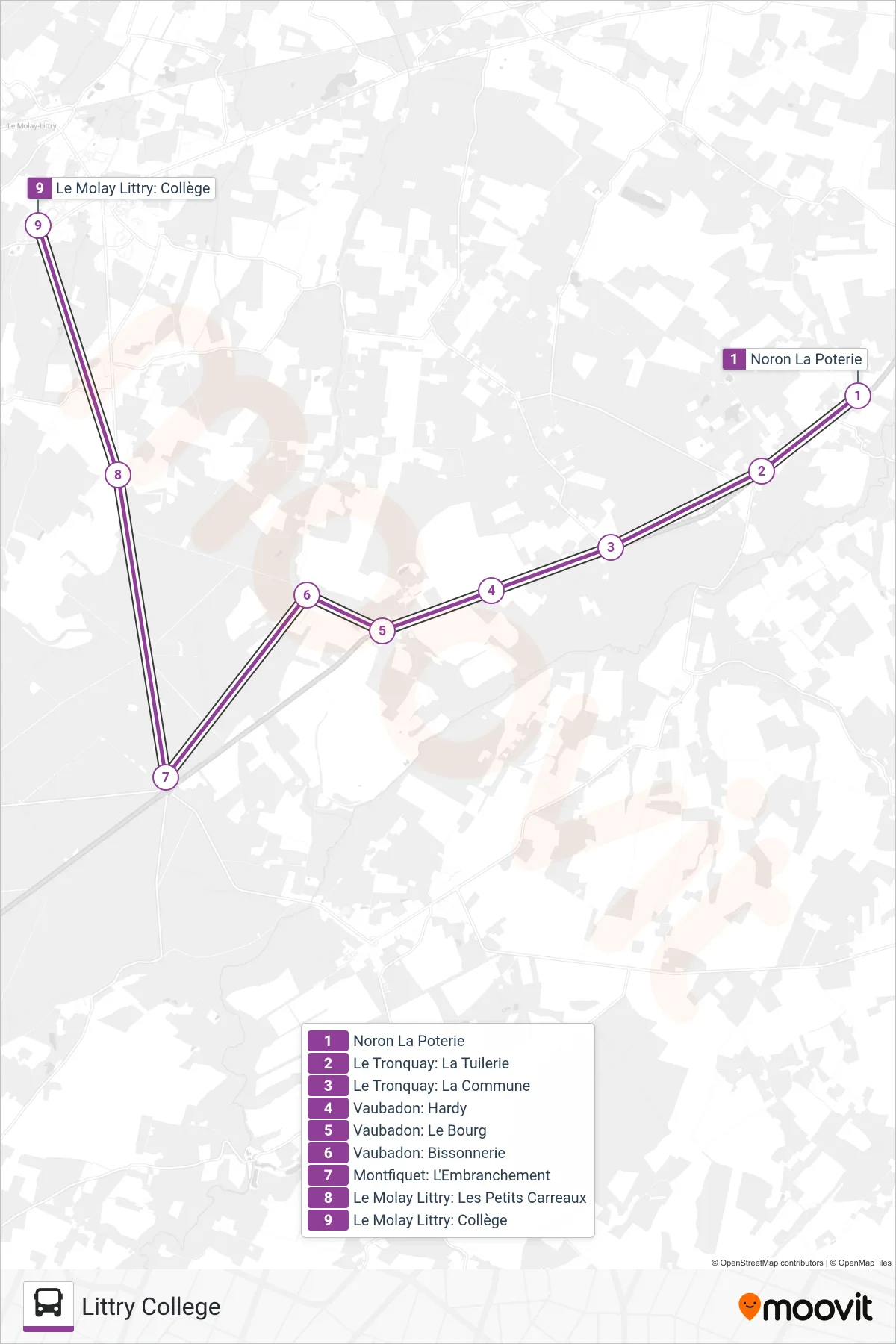 Tracé et arrêts de la ligne LIGNE 273 de bus (Littry College) sur une carte