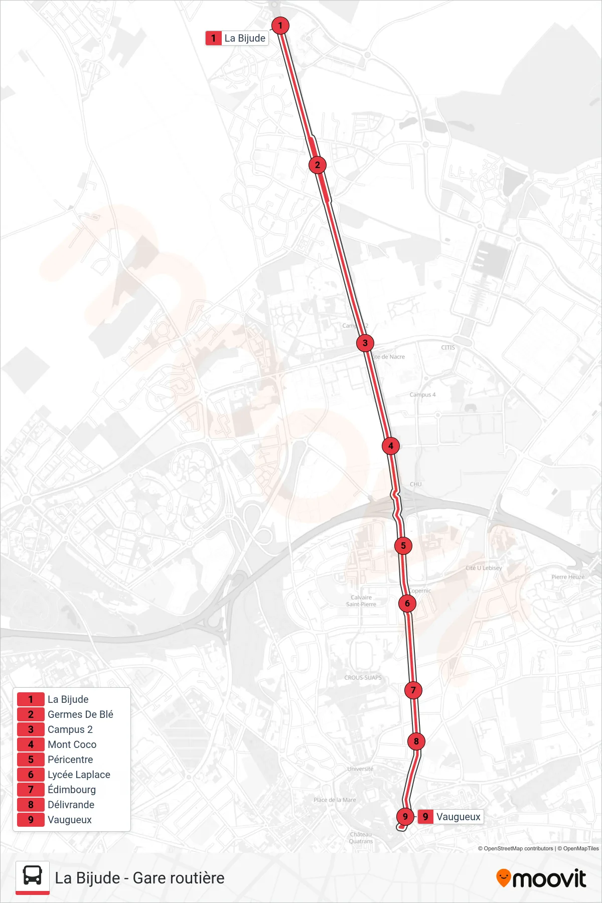Tracé et arrêts de la ligne NOMAD 101 de tram (Caen Vaugueux) sur une carte