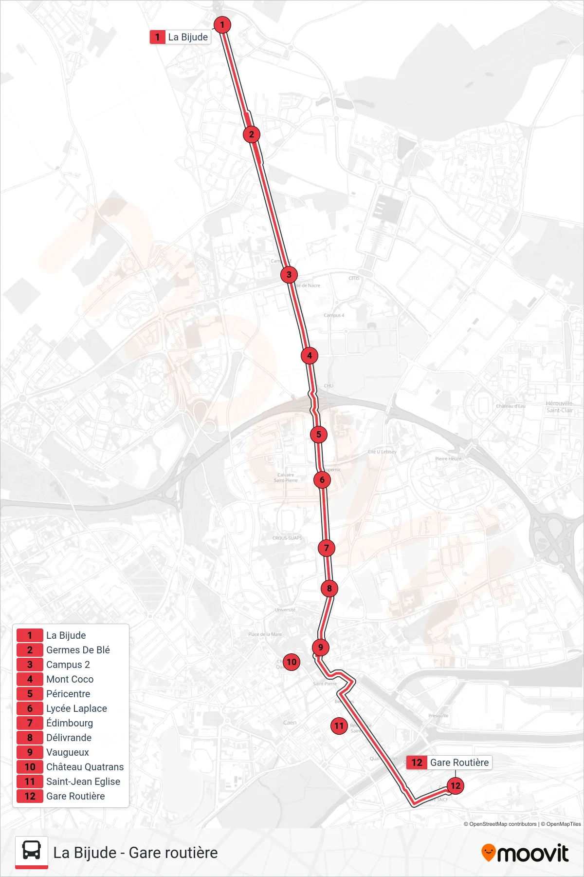 Tracé et arrêts de la ligne NOMAD 101 de tram (Caen Gare Routière) sur une carte