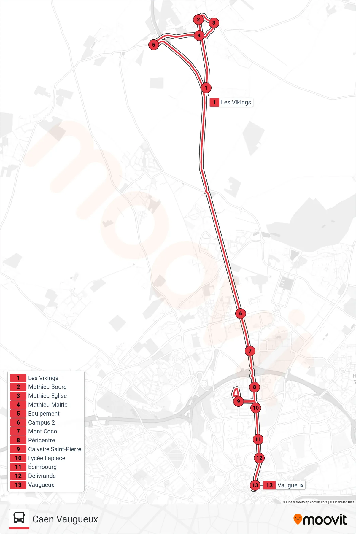 NOMAD 102 tram Line (Caen Vaugueux) route and stops on a map