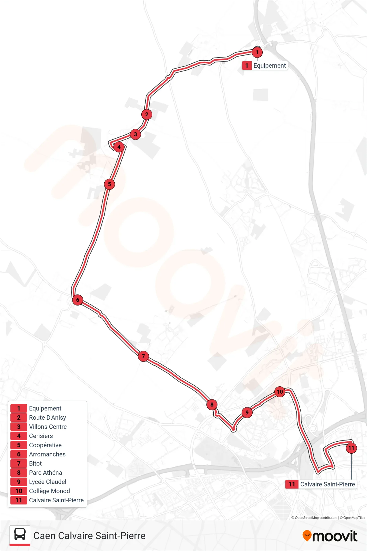 NOMAD 102 tram Line (Caen Calvaire Saint-Pierre) route and stops on a map