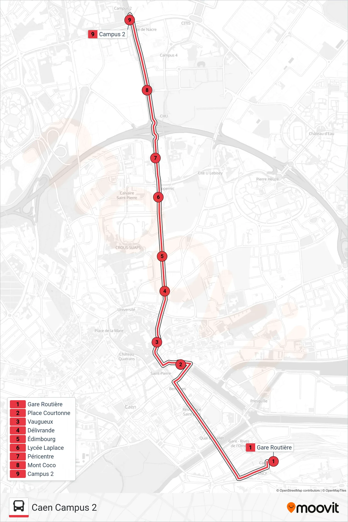 NOMAD 102 tram Line (Caen Campus 2) route and stops on a map
