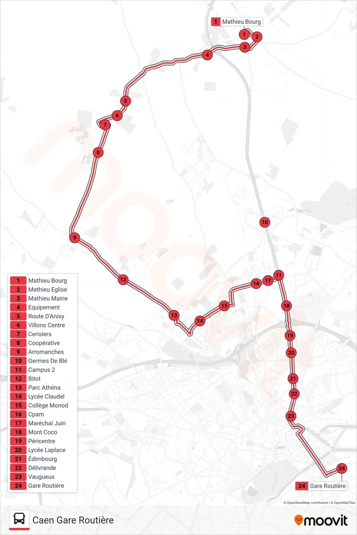 Tracé et arrêts de la ligne NOMAD 102 de tram (Caen Gare Routière) sur une carte