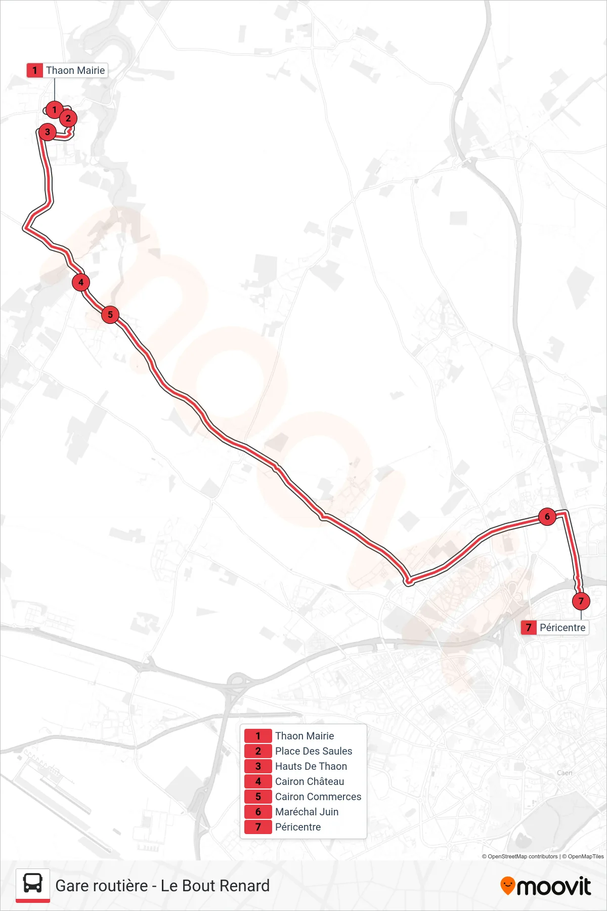 Tracé et arrêts de la ligne NOMAD 103 de tram (Caen Péricentre) sur une carte