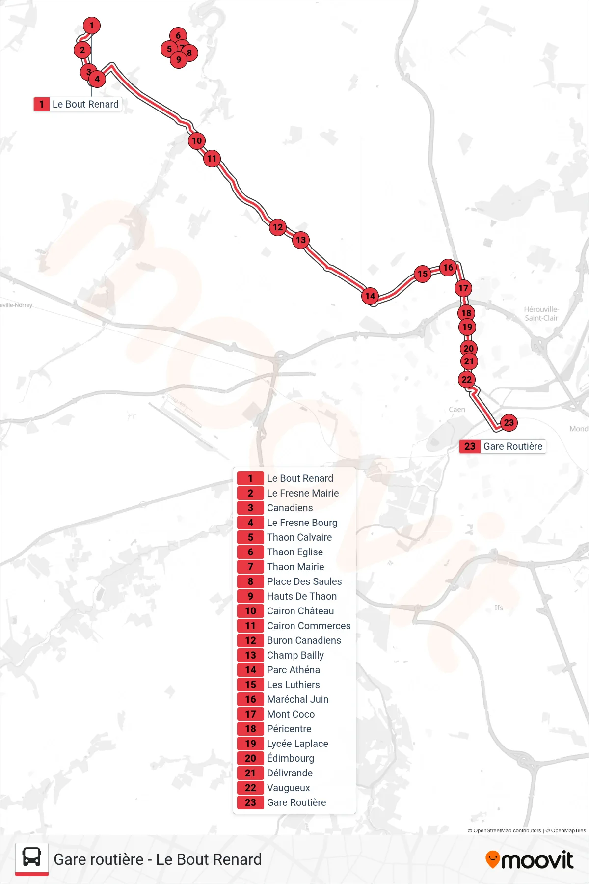 NOMAD 103 tram Line (Caen Gare Routière) route and stops on a map