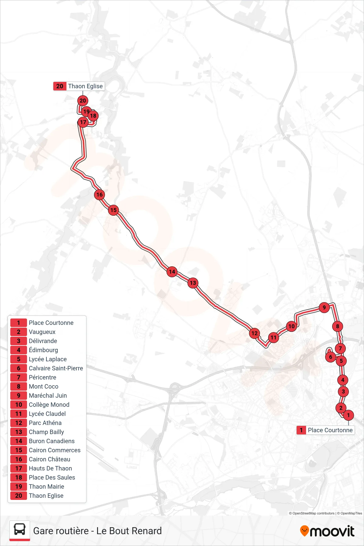 Tracé et arrêts de la ligne NOMAD 103 de tram (Thaon Eglise) sur une carte