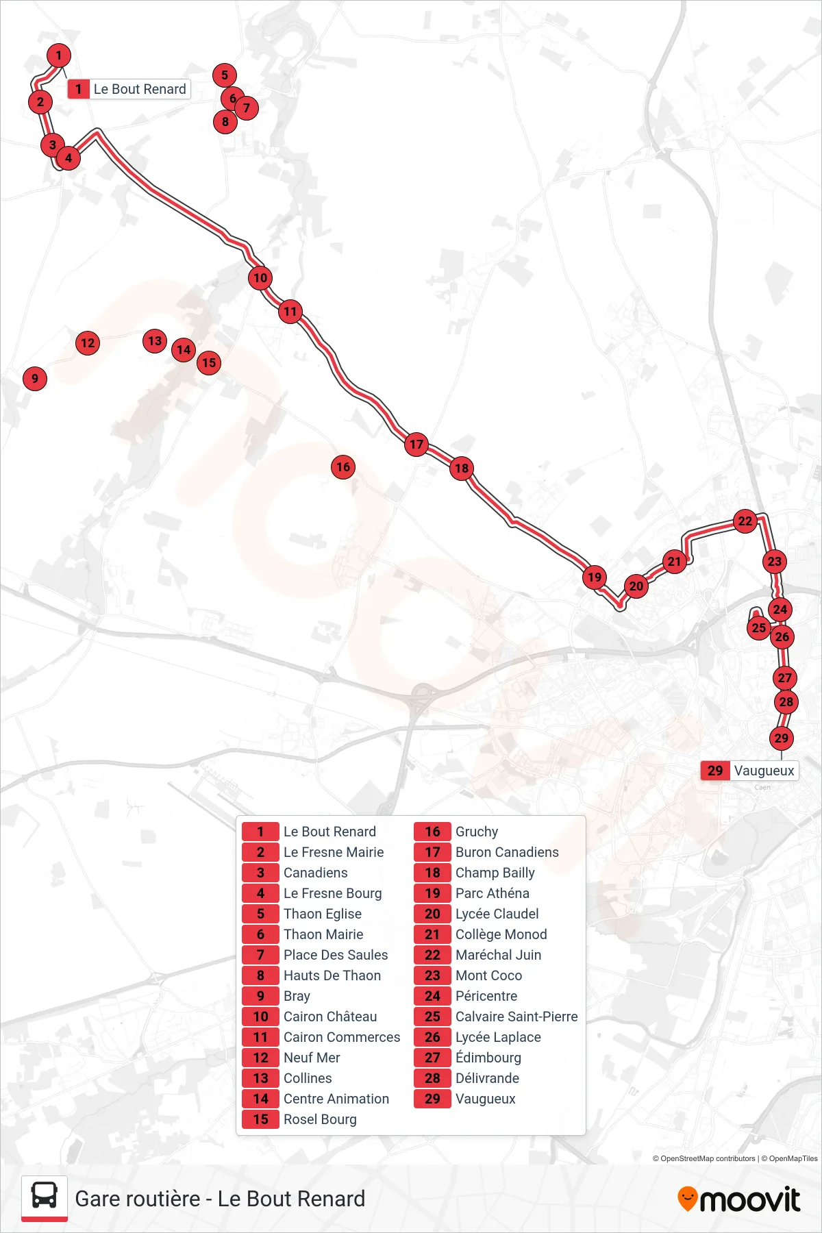 Tracé et arrêts de la ligne NOMAD 103 de tram (Caen Vaugueux) sur une carte
